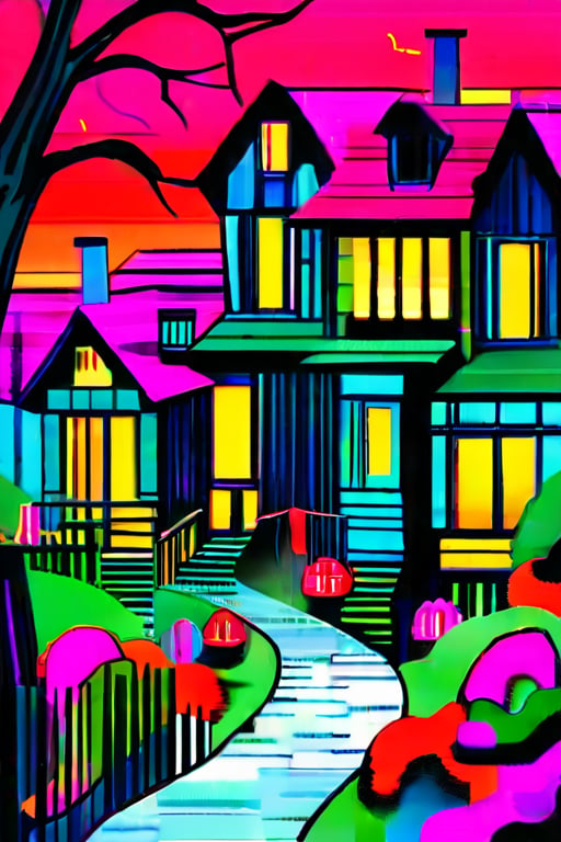 Flat art , 6 colors. Heavy line weight. Illustration scene  of a Halloween village  environment. 