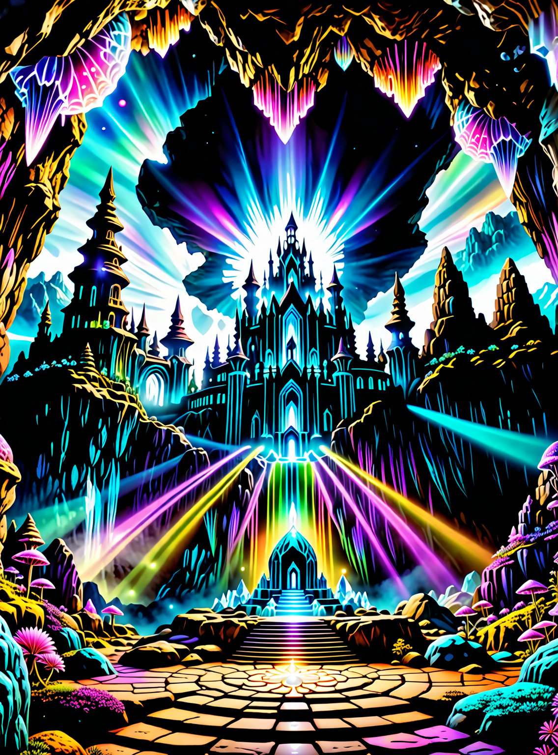 In the center of the cave entrance surrounded by a large crystal formations is a GIANT  CASTLE  AND A UFO MAE OF THAT IS MADE OUT OF SPIRITUAL ENERGY, it is made of translucent light and spiritual energy . A magical land psychedelic landscape wonderland with a  Guardian Spirit to watch over all. Dmt visuals. (visionary art style). ((symmetrical)) , uv, neon., uv highlights 
 fractals, sacred  geometry  and vivid color, (perfect symmetry),
 . Spirit realm, psychedelic landscape  , (masterpiece, best quality, ultra-detailed),, High detailed, detailed background, score_9, score_8_up, score_7_up, best quality, masterpiece,)) 4k,visionary art, everything fits into the image,