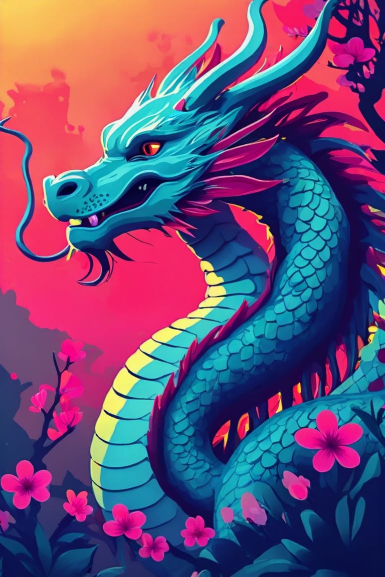 Flat art , 6 colors. Heavy line weight. Illustration scene ,Pop Art Close-up shot of aa chinese dragon  The scene is framed within a out of focus garden background that fades , . Simplistic.  Minimalistic.    Vibrant color.  no shading . No highlights . Flat art