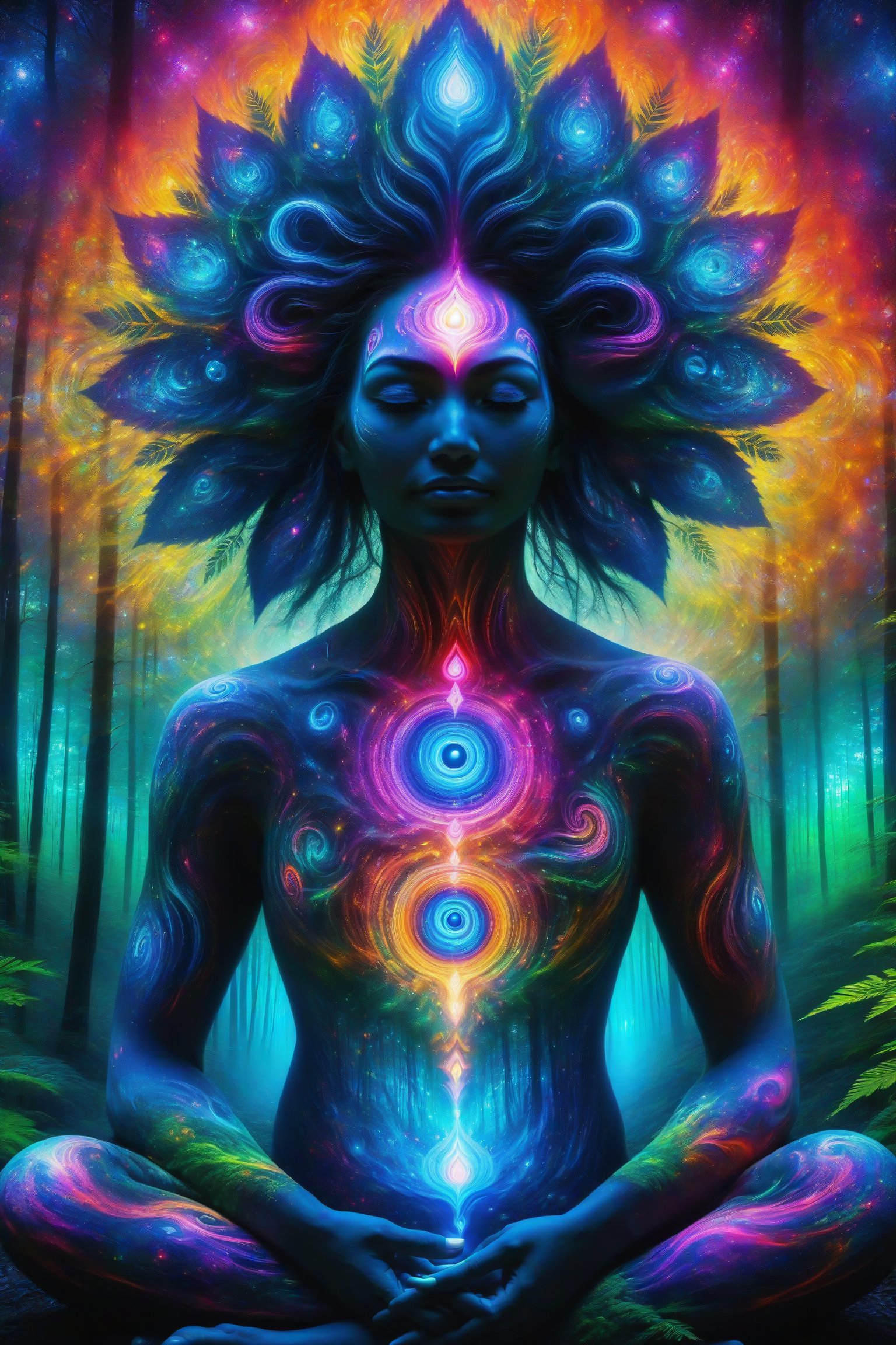 this person sits in a forest and transcends their ego mind and opens up to the spirit realm surrounding them. human in meditation, fractals, vivid color, "Visionary art is art that purports to transcend the physical world and portray a wider vision of awareness including spiritual or mystical themes, or is based in such experiences." , psychedelic visionary art ,animal spirits, ,spirits,spirit guides, , . Shamanic visions , ayahuasca visions . Spirit realm, metaphysical realm, esoteric,style, full body human,medium shot, perfect anatomy , psychedelic landscape surrounding the person , (masterpiece, best quality, ultra-detailed), (perfect hands, perfect anatomy), High detailed, detailed background, anatomically correct, beautiful face, detailed hands, perfect eyes, expressive eyes, score_9, score_8_up, score_7_up, best quality, masterpiece, 4k,visionary art,ULTIMATE LOGO MAKER [XL],bl4ckl1ghtxl