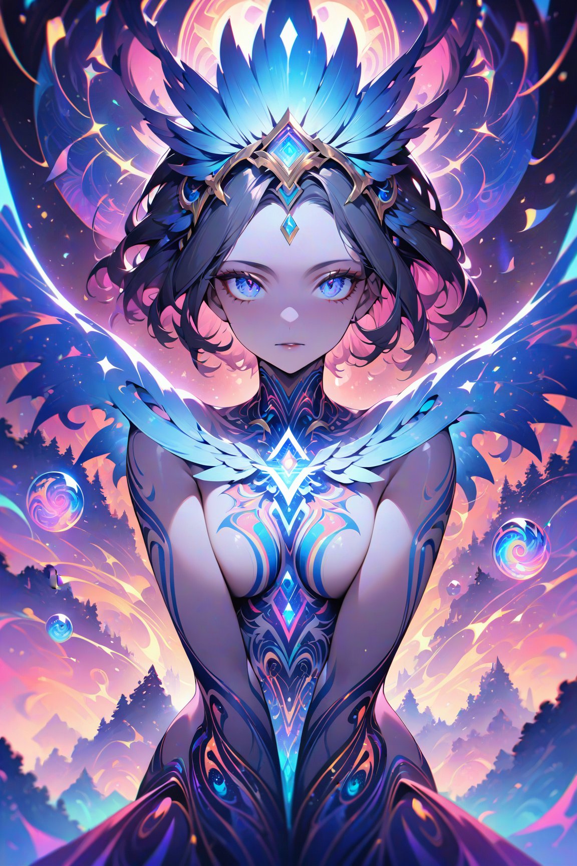 Ancient Elegant astral Goddess of love and magic by Anna Dittmann,and  android jones. Vibrant, visionary art, visionary art,hyper detailed,short pixie hair,short hair, pixie haircut, beautiful intricate detailed garment design,elegant headpiece, perfected facial detail, medium shot, strait forward pose, looking directly into viewer,  detailed eyes, natural lighting, epic composition, dynamic image, with feeling of desire and Majesty, uv color highlights, uv highlights colors, symmetrical image .center composition.symmetrical,over layers of sacred geometry, energy ribbons, psychedelic elements,Geometric Halftone,geometric patterns, sacred geometry,magical energy,visionary,Psychedelic, HDR,HD,sharp focus, ultra detail,high detail, dynamic, epic composition, visionary art ,,uv highlights,neon edges, high detail, ,sharp focus,   hd, rich tones (perfect hands, perfect anatomy), High detailed, detailed background, anatomically correct,
 . Spirit realm, metaphysical realm, esoteric,style , psychedelic landscape  , (masterpiece, best quality, ultra-detailed), (perfect hands, perfect anatomy), High detailed, detailed background, anatomically correct , beautiful face, detailed hands, perfect eyes, expressive eyes, score_9, score_8_up, score_7_up, best quality, masterpiece, 4k,visionary art,ULTIMATE LOGO MAKER [XL],bl4ckl1ghtxl,dd4ught3r,Sexy Girl score_9_up,extremely detailed,concept,Sexy Girl