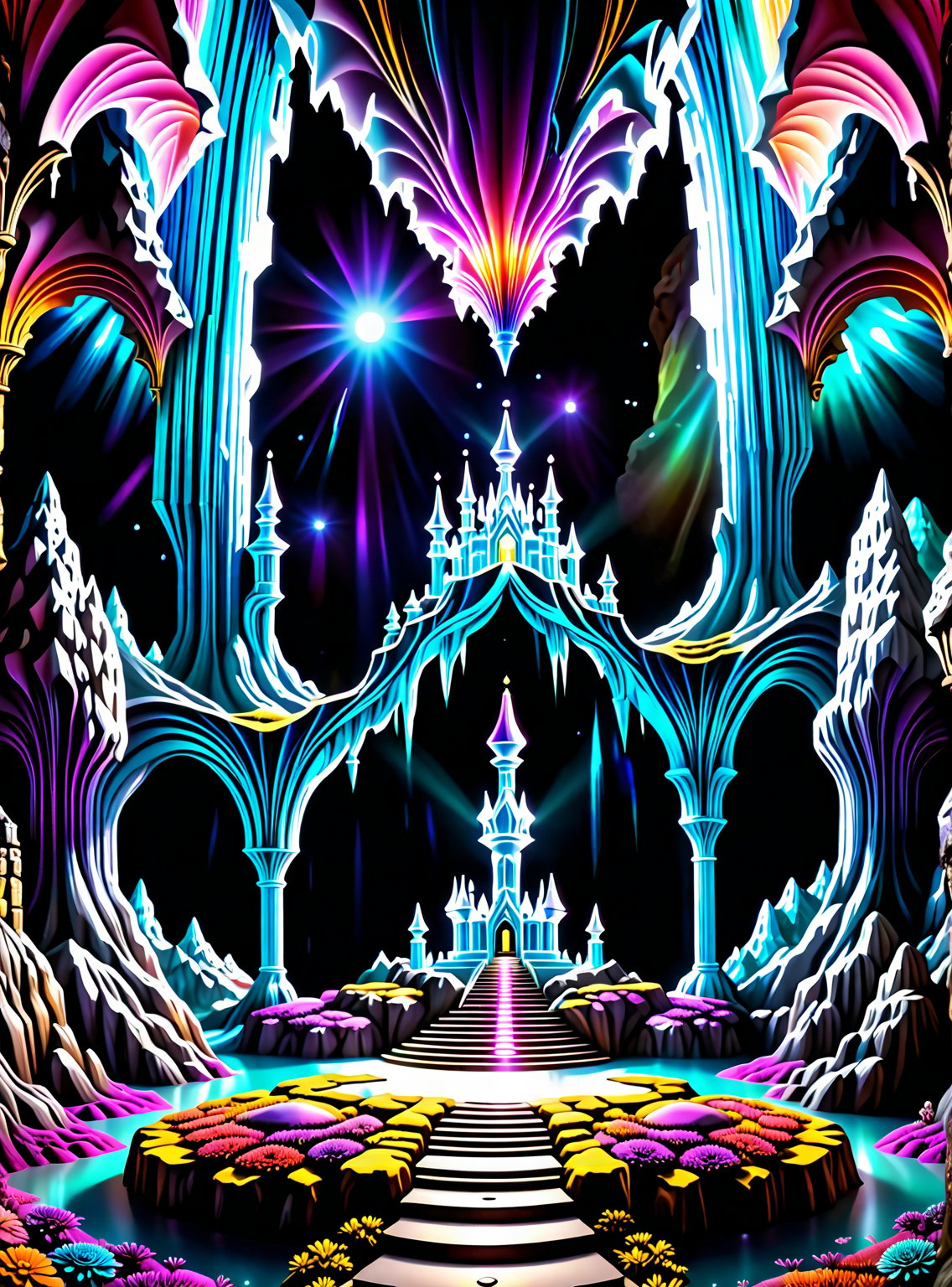 In the center of the cave entrance surrounded by a large crystal formations is a GIANT  CASTLE  AND A UFO MAE OF THAT IS MADE OUT OF SPIRITUAL ENERGY, it is made of translucent light and spiritual energy . A magical land psychedelic landscape wonderland with a  Guardian Spirit to watch over all. Dmt visuals. (visionary art style). ((symmetrical)) , uv, neon., uv highlights 
 fractals, sacred  geometry  and vivid color, (perfect symmetry),
 . Spirit realm, psychedelic landscape  , (masterpiece, best quality, ultra-detailed),, High detailed, detailed background, score_9, score_8_up, score_7_up, best quality, masterpiece,)) 4k,visionary art, everything fits into the image,