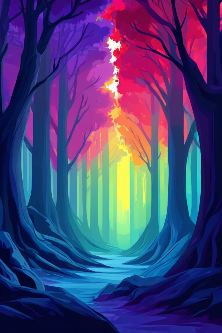 Flat art , 6 colors. Heavy line weight. Illustration scene  of a old growth forest  environment. Simplistic.  Minimalistic.    Vibrant color.  no shading . No highlights . Flat art