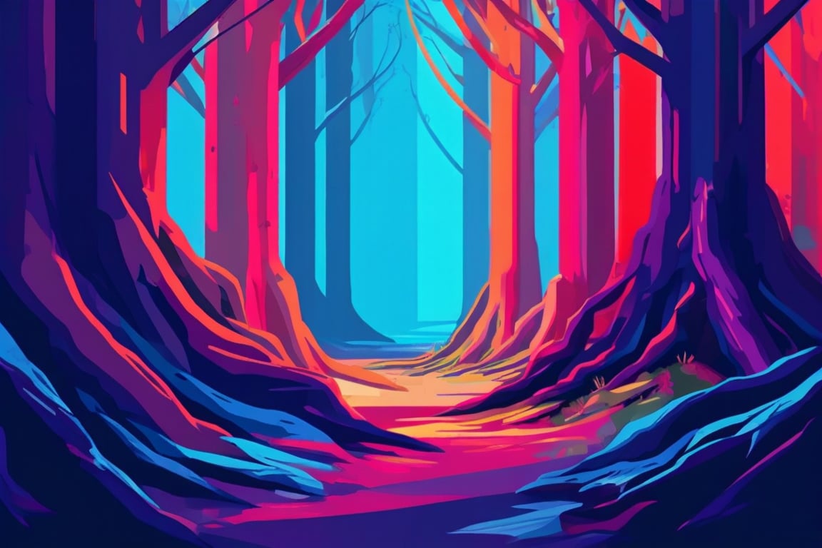 Flat art , 6 colors. Heavy line weight. Illustration scene  of a old growth forest  environment. Simplistic.  Minimalistic.   Vibrant color.  no shading . No highlights . Flat art