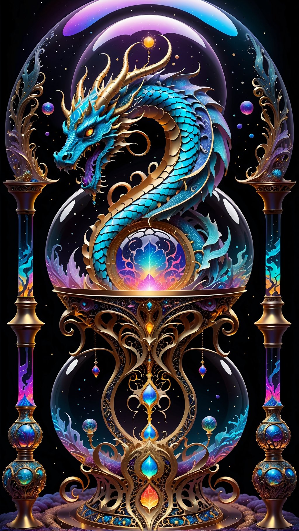 beautiful cosmic dragon that lives in skull of a god, chaos energy that forms a elegant hourglass and balanced scales,dragon , skulls,cosmic, nebulous soliloquy with psychatronic interface with god,transparent caustics,epic composition,universal energy, uv pastel colours, sacred geometry,, uv edges,neon, transparent background,elegant,  is centered with empty space as a boarder, high contrast, ultra detailed, not over complex, hour glass of the universe , scales to weigh souls , trippy, uv, neon. Hourglass of time and space with worlds that tells a story inside, uv highlights, ((psychedelic visionary art style))
