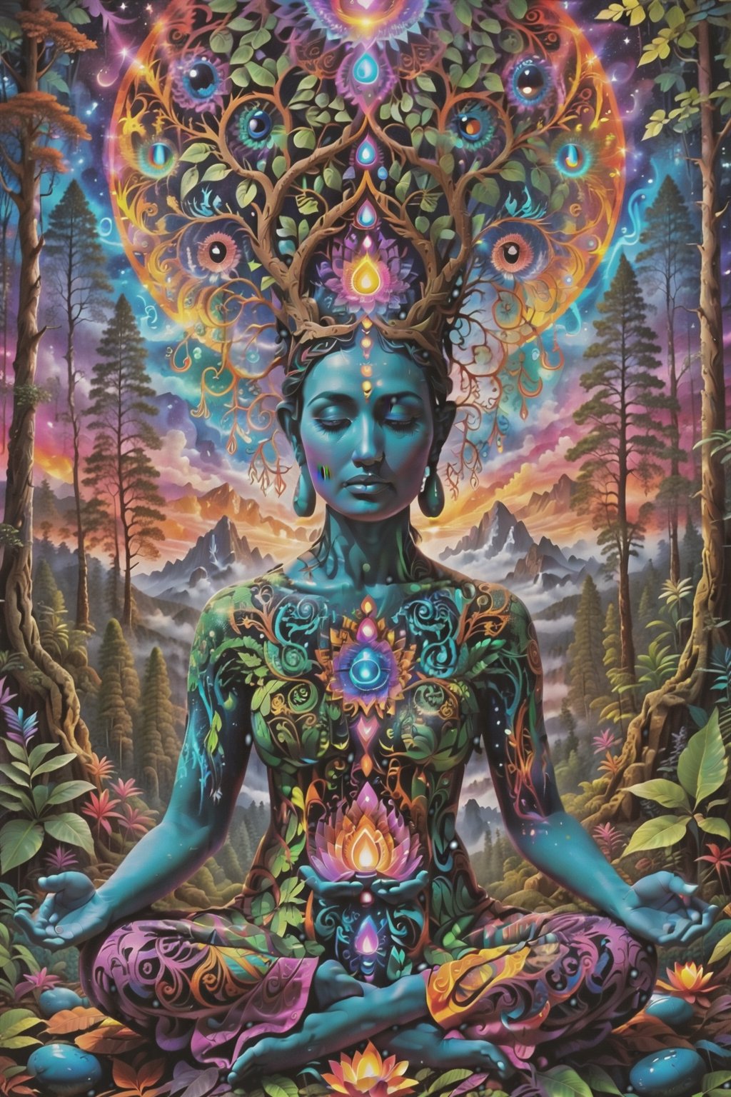 this person sits in a forest and transcends their ego mind and opens up to the spirit realm surrounding them. human in meditation, fractals, vivid color, 
"Visionary art is art that purports to transcend the physical world and portray a wider vision of awareness including spiritual or mystical themes, or is based in such experiences." , psychedelic visionary art ,animal spirits, ,spirits,spirit guides, , . Shamanic visions , ayahuasca visions . Spirit realm, metaphysical realm, esoteric,style, full body human,medium shot, perfect anatomy , psychedelic landscape surrounding the person , (masterpiece, best quality, ultra-detailed), (perfect hands, perfect anatomy), High detailed, detailed background, anatomically correct, beautiful face, detailed hands, perfect eyes, expressive eyes, score_9, score_8_up, score_7_up, best quality, masterpiece, 4k,visionary art,ULTIMATE LOGO MAKER [XL],bl4ckl1ghtxl