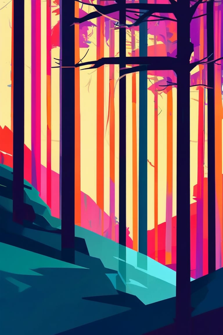 Flat art , 6 colors. Heavy line weight. Illustration scene  of a old growth forest  environment. Simplistic.  Minimalistic.   Spider webs. Vibrant color.  no shading . No highlights . Flat art