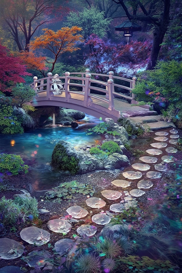 A serene Japanese Zen garden in autumn, with a traditional wooden bridge arching over a koi pond, surrounded by meticulously raked gravel and vibrant red, orange, and yellow maple trees. The garden is framed by a low stone lantern and a moss-covered stone path leading to a small, peaceful teahouse. The scene is bathed in soft, golden late afternoon light, casting long shadows and highlighting the autumn foliage. The composition is balanced, with the bridge and pond in the foreground, and the teahouse and trees in the background, creating a sense of tranquility and harmony.,environment overlayed with ripples of fractal energy (masterpiece, best quality, ultra-detailed),visionary art ,fractals,light energy,psychedelic,trippy, LSD visuals  