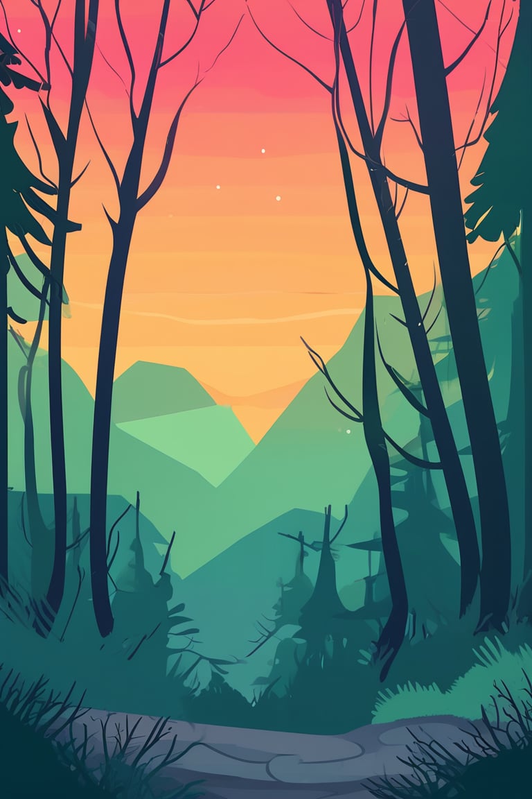 Flat art , 6 colors. Heavy line weight. Illustration scene of a old growth forest environment. Simplistic. Minimalistic. Spider webs. Vibrant color. no shading . No highlights . Flat art