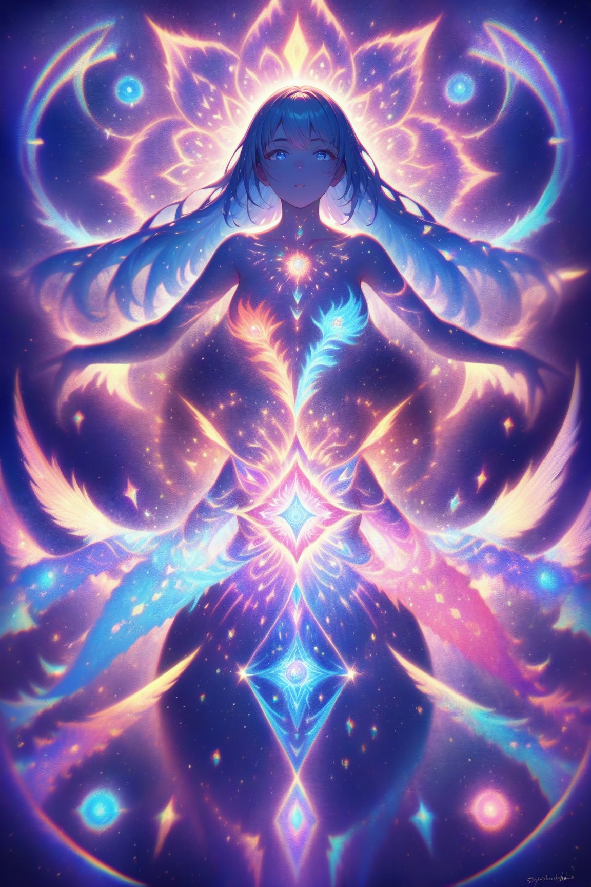  visionary art ,pen art, (symmetrical), spirit guide among a matrix of energy and light,bl4ckl1ghtxl,,transparent caustics light ,epic composition,universal energy, uv pastel colours, sacred geometry, divine being in the comsic astral matrix of another reality,