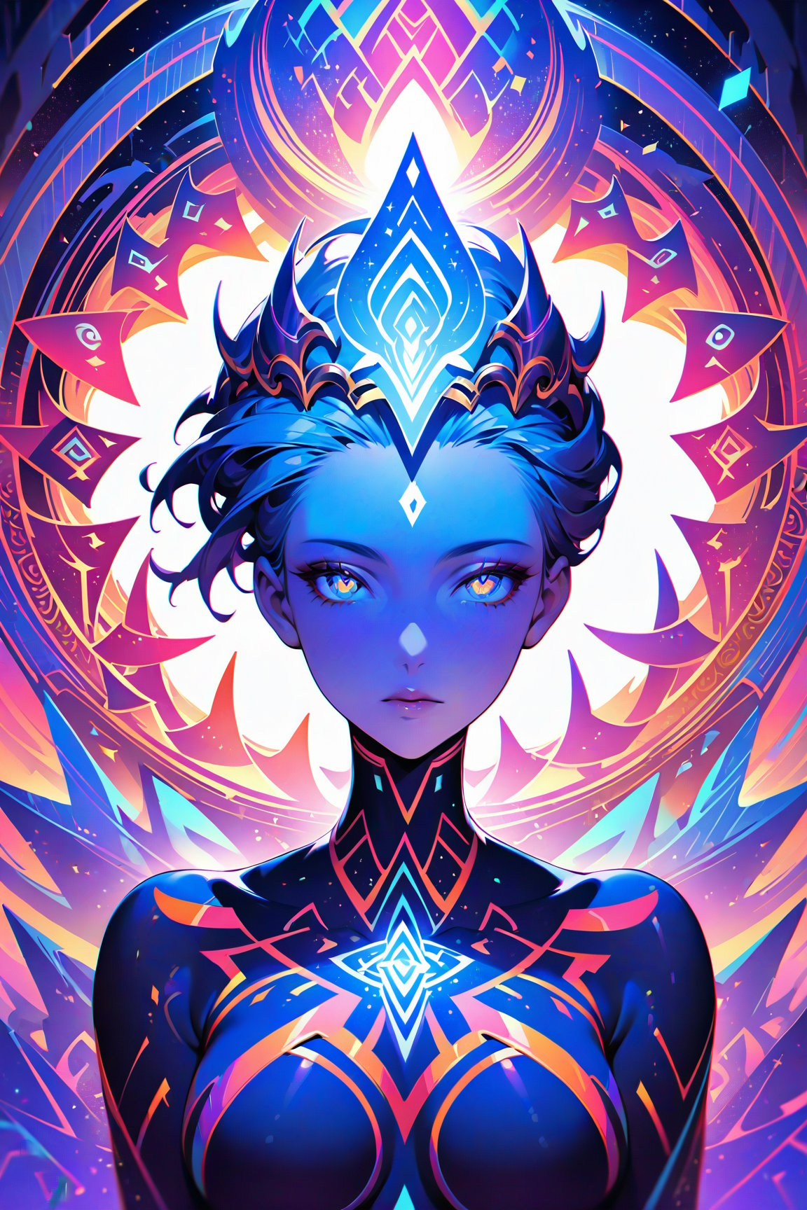 Ancient Elegant astral Goddess of love and magic by Anna Dittmann,and  android jones. Vibrant, visionary art, visionary art,hyper detailed,short pixie hair,short hair, pixie haircut, beautiful intricate detailed garment design,elegant headpiece, perfected facial detail, medium shot, strait forward pose, looking directly into viewer,  detailed eyes, natural lighting, epic composition, dynamic image, with feeling of desire and Majesty, uv color highlights, uv highlights colors, symmetrical image .center composition.symmetrical,over layers of sacred geometry, energy ribbons, psychedelic elements,Geometric Halftone,geometric patterns, sacred geometry,magical energy,visionary,Psychedelic, HDR,HD,sharp focus, ultra detail,high detail, dynamic, epic composition, visionary art ,,uv highlights,neon edges, high detail, ,sharp focus,   hd, rich tones (perfect hands, perfect anatomy), High detailed, detailed background, anatomically correct,
 . Spirit realm, metaphysical realm, esoteric,style , psychedelic landscape  , (masterpiece, best quality, ultra-detailed), (perfect hands, perfect anatomy), High detailed, detailed background, anatomically correct , beautiful face, detailed hands, perfect eyes, expressive eyes, score_9, score_8_up, score_7_up, best quality, masterpiece, 4k,visionary art,ULTIMATE LOGO MAKER [XL],bl4ckl1ghtxl,dd4ught3r,Sexy Girl score_9_up,extremely detailed,concept,Sexy Girl