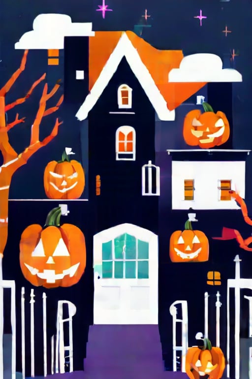 Flat art , 6 colors. Heavy line weight. Illustration scene  of a Halloween village  environment. Simplistic.  Minimalistic.  Cute image. Sfw, pumpkins. Spider webs. Halloween  color palette. 