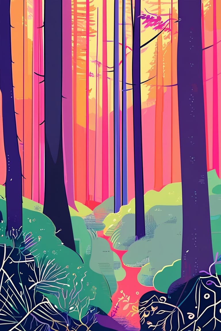 Flat art , 6 colors. Heavy line weight. Illustration scene  of a old growth forest  environment. Simplistic.  Minimalistic.   Spider webs. Vibrant color.  no shading . No highlights . Flat art