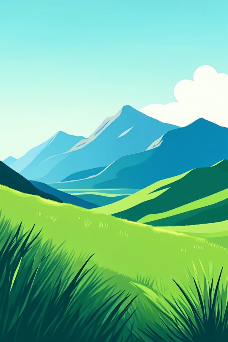 Flat art , 6 colors. Heavy line weight. Illustration scene  of a grassland with mountains in the distance environment. Simplistic.  Minimalistic.  Vibrant color.  no shading . No highlights . Flat art