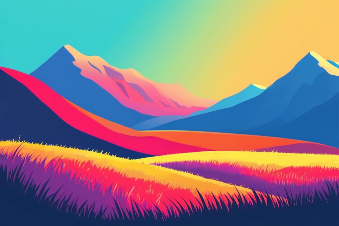 Flat art , 6 colors. Heavy line weight. Illustration scene  of a grassland with mountains in the distance environment. Simplistic.  Minimalistic.  Vibrant color.  no shading . No highlights . Flat art