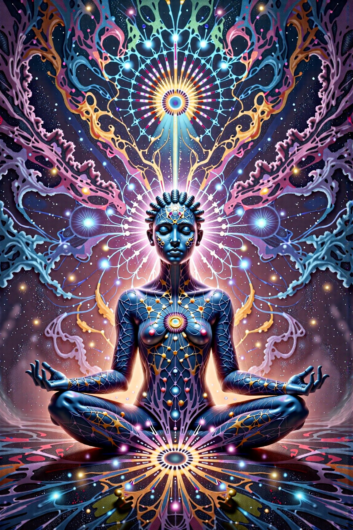 this person sits in a different dimension  as they have  transcended their ego mind  opens up to the spirit realm surrounding them. human in meditation, fractals, vivid color, "Visionary art is art that purports to transcend the physical world and portray a wider vision of awareness including spiritual or mystical themes, or is based in such experiences." , psychedelic visionary art ,spirits,spirit guides,DMT Environment . Shamanic visions , ayahuasca visions . Spirit realm, metaphysical realm, esoteric,style, full body human,medium shot, perfect anatomy , psychedelic landscape surrounding the person ,environment overlayed with ripples of fractal energy (masterpiece, best quality, ultra-detailed), (perfect hands, perfect anatomy), High detailed, detailed background, anatomically correct, beautiful face, detailed hands, perfect eyes, expressive eyes, score_9, score_8_up, score_7_up, best quality, masterpiece, 4k,visionary art,ULTIMATE LOGO MAKER [XL],bl4ckl1ghtxl, by Jonathan Solter and Fabian Jimenez,ElohProjects, simon haiduk