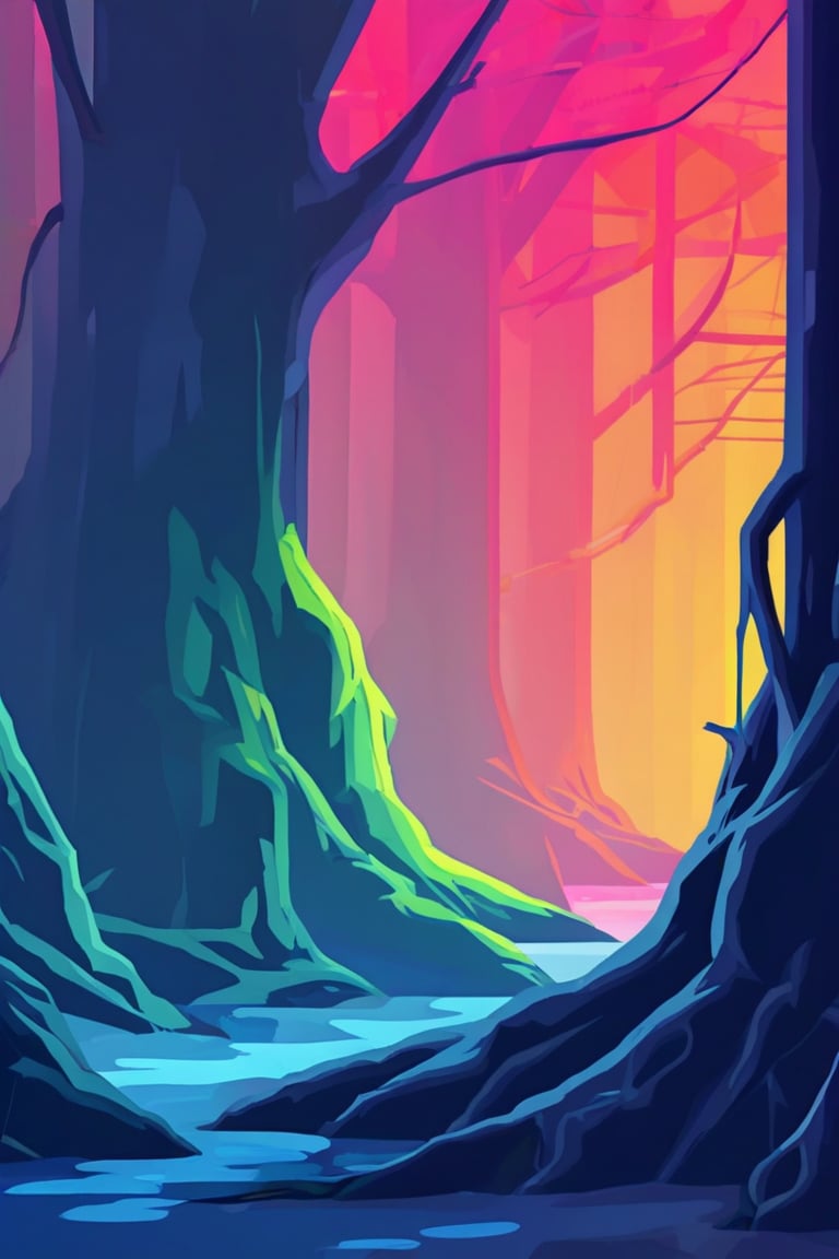 Flat art , 6 colors. Heavy line weight. Illustration scene  of a old growth forest  environment. Simplistic.  Minimalistic.   Spider webs. Vibrant color.  no shading . No highlights . Flat art