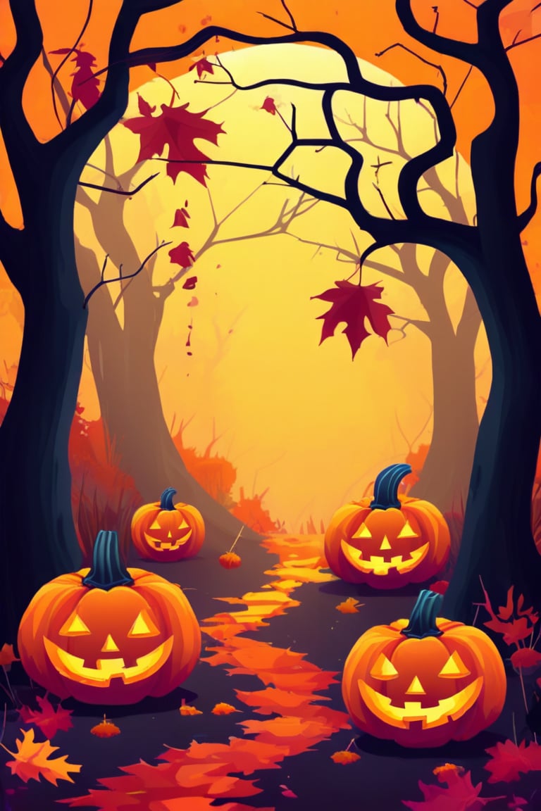 Flat art , 4 colors. Heavy line weight. Illustration scene  of a Halloween spooky forest environment. Simplistic.  Minimalistic.  Cute image. Sfw, pumpkins. Spider webs. Halloween  color palette. Vibrant color. Vector art illustration 