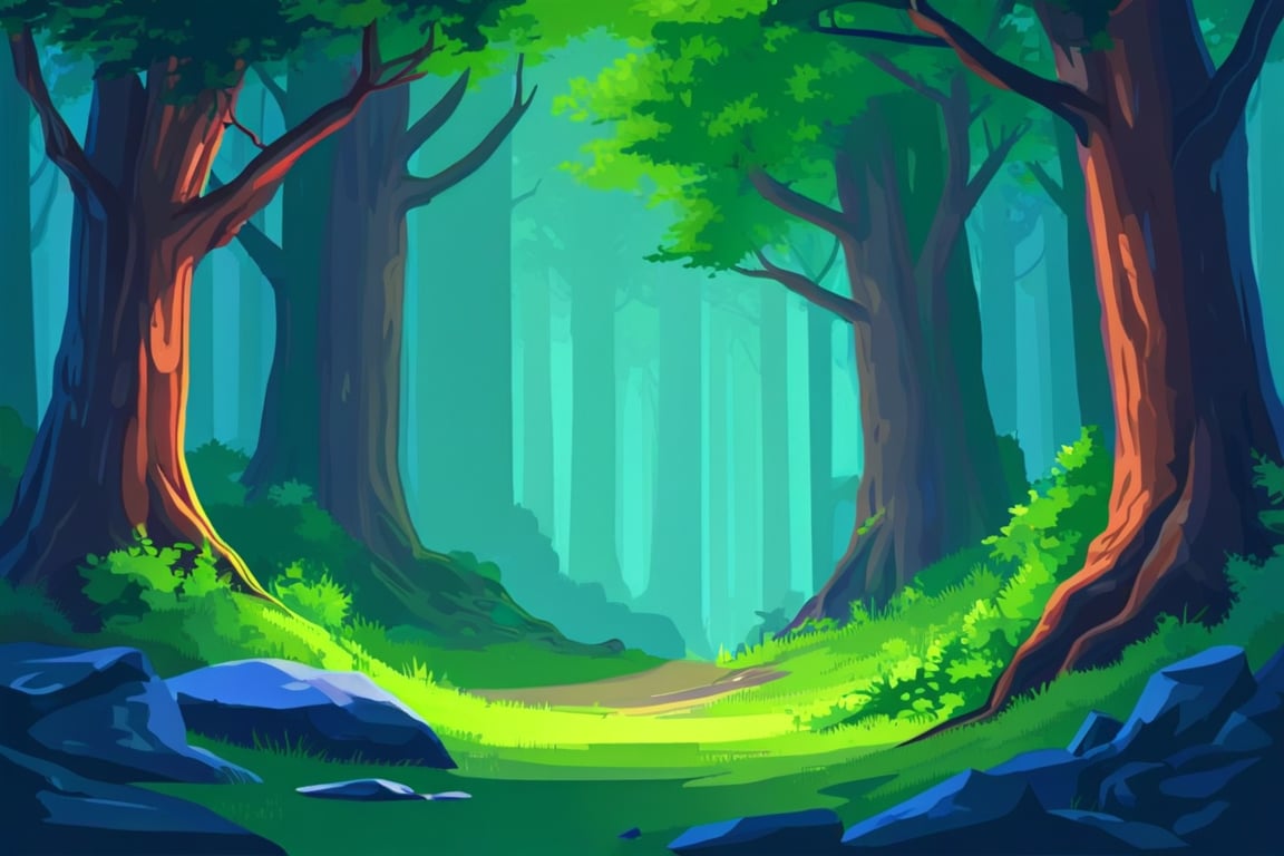 Flat art , 6 colors. Heavy line weight. Illustration scene  of a old growth forest  environment. Simplistic.  Minimalistic.    Vibrant color.  no shading . No highlights . Flat art