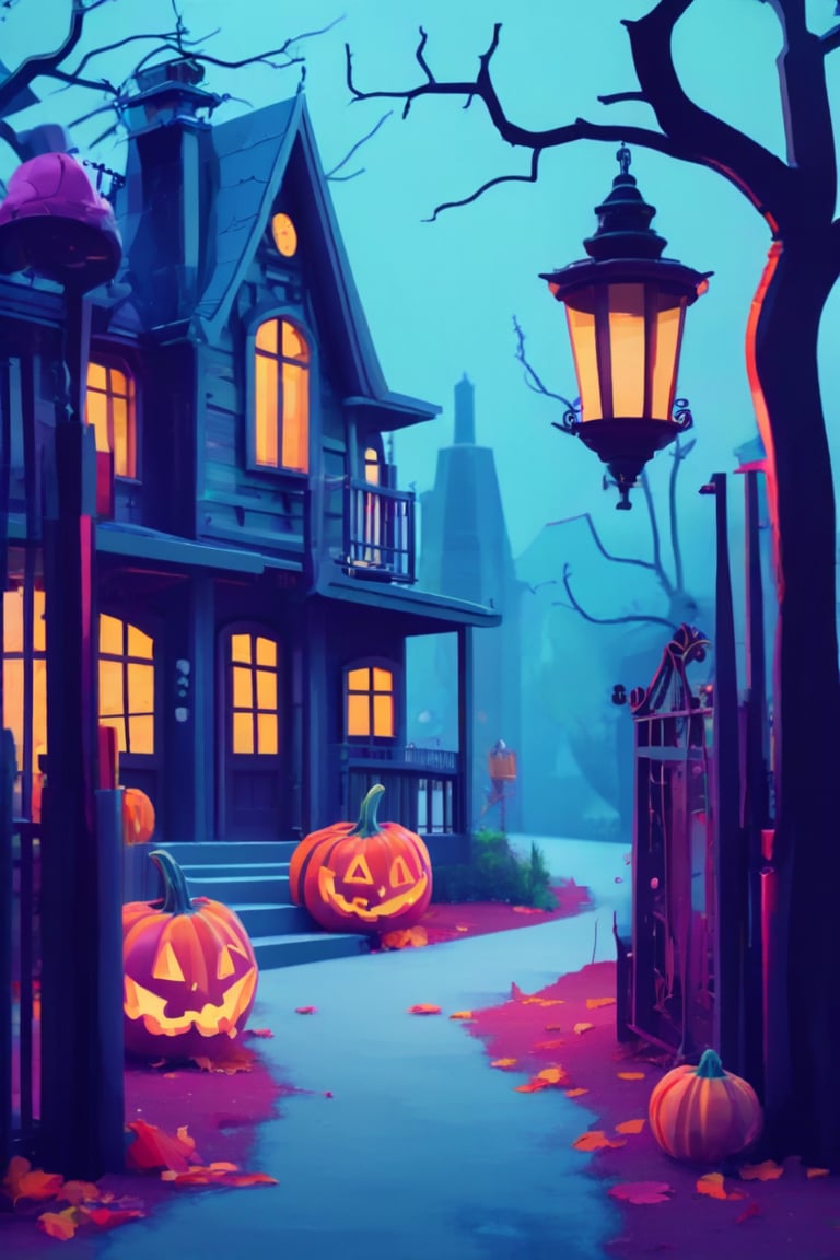 Flat art , 6 colors. Heavy line weight. Illustration scene  of a Halloween village  environment. Simplistic.  Minimalistic.  Cute image. Sfw, pumpkins. Spider webs. Halloween  color palette. Vibrant color. 