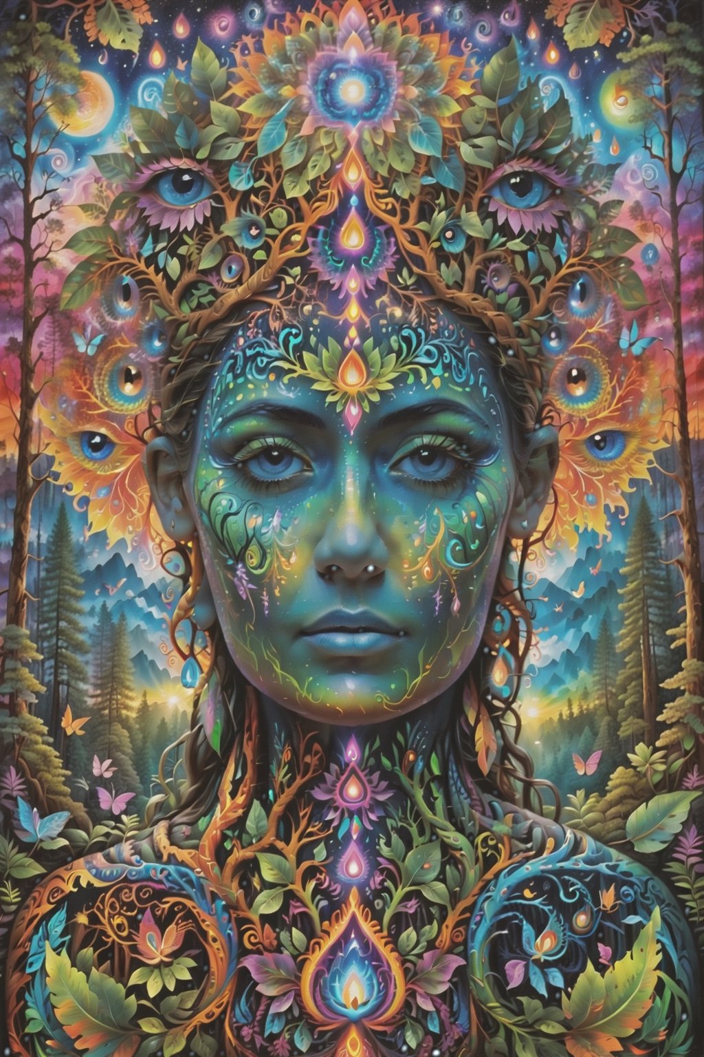 a forest of transcendence that opens up to the spirit realm surrounding breaking down physical reality into the spirit realm . human in meditation, fractals, vivid color, 
"Visionary art is art that purports to transcend the physical world and portray a wider vision of awareness including spiritual or mystical themes, or is based in such experiences." , psychedelic visionary art ,animal spirits, ,spirits,spirit guides, , . Shamanic visions , ayahuasca visions . Spirit realm, metaphysical realm, esoteric,style, ,medium shot, perfect anatomy , psychedelic landscape surrounding the person , (masterpiece, best quality, ultra-detailed), (perfect hands, perfect anatomy), High detailed, detailed background, anatomically correct, beautiful face, detailed hands, perfect eyes, expressive eyes, score_9, score_8_up, score_7_up, best quality, masterpiece, 4k,visionary art,ULTIMATE LOGO MAKER [XL],bl4ckl1ghtxl