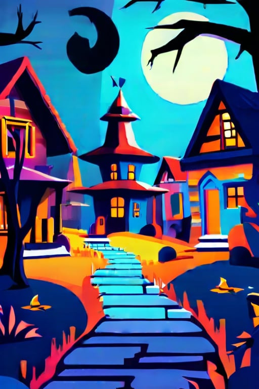 Flat art , 6 colors. Heavy line weight. Illustration scene  of a Halloween village  environment. 