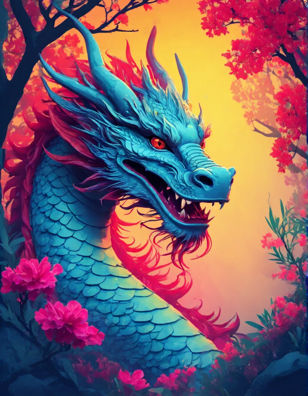 Flat art , 6 colors. Heavy line weight. Illustration scene ,Pop Art Close-up shot of aa chinese dragon  The scene is framed within a out of focus garden background that fades , . Simplistic.  Minimalistic.    Vibrant color.  no shading . No highlights . Flat art