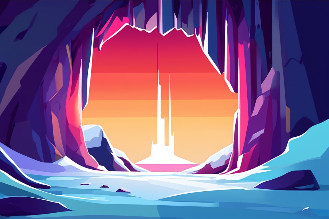 Flat art , 4 colors. Heavy line weight. Illustration scene  of a a crystal cave open up to a snow landscape with a giant portal of transcendent light beaming up into the sky, . Simplistic.  Minimalistic.    Vibrant color.  no shading . No highlights . Flat art