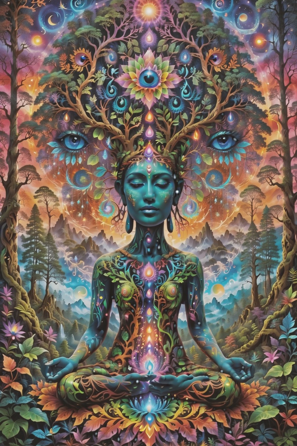 a forest of transcendence that opens up to the spirit realm surrounding breaking down physical reality into the spirit realm . human in meditation, fractals, vivid color, 
"Visionary art is art that purports to transcend the physical world and portray a wider vision of awareness including spiritual or mystical themes, or is based in such experiences." , psychedelic visionary art ,animal spirits, ,spirits,spirit guides, , . Shamanic visions , ayahuasca visions . Spirit realm, metaphysical realm, esoteric,style, full body human,medium shot, perfect anatomy , psychedelic landscape surrounding the person , (masterpiece, best quality, ultra-detailed), (perfect hands, perfect anatomy), High detailed, detailed background, anatomically correct, beautiful face, detailed hands, perfect eyes, expressive eyes, score_9, score_8_up, score_7_up, best quality, masterpiece, 4k,visionary art,ULTIMATE LOGO MAKER [XL],bl4ckl1ghtxl