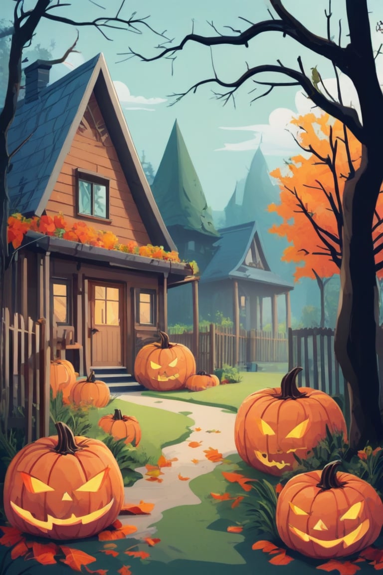 Flat art , 4 colors. Heavy line weight. Illustration scene  of a Halloween village  environment. Simplistic.  Minimalistic.  Cute image. Sfw, pumpkins. Spider webs. Halloween  color palette. Vibrant color. Vector art illustration 