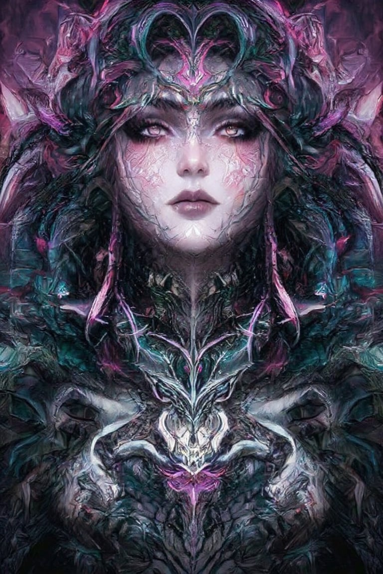 visionary art ,pen art,Dark Dramatic Ancient Elegant dark Goddess of the night , woman seen from the waist up, by Anna Dittmann and android jones,perfectly symmetrical image,Vibrant, In Watercolour,pen art, visionary art, symmetrical, beautiful detailed eyes (masterpiece, best quality, ultra-detailed), (perfect anatomy), High detailed, detailed background, anatomically correct, beautiful face, detailed hands, perfect eyes, expressive eyes, score_9, score_8_up, score_7_up, best quality, masterpiece, 16k,vivid colors,neon highlights,uv, 