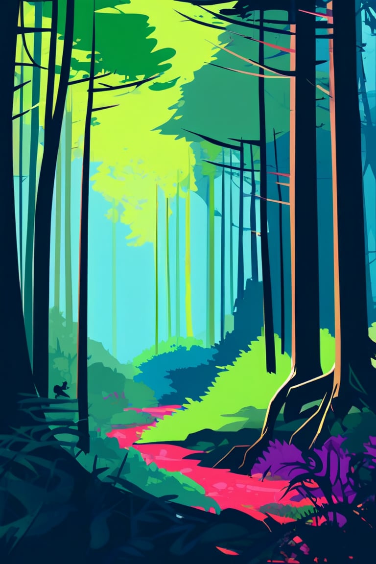 Flat art , 6 colors. Heavy line weight. Illustration scene  of a old growth forest  environment. Simplistic.  Minimalistic.   Spider webs. Vibrant color.  no shading . No highlights . Flat art