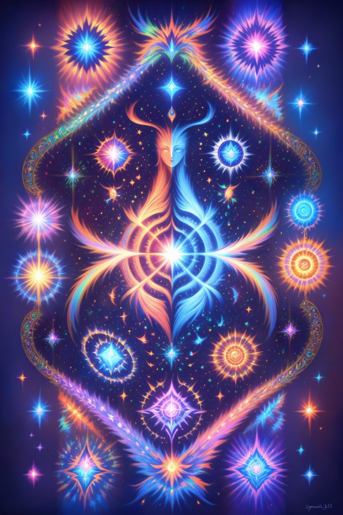  visionary art ,pen art, (symmetrical), spirit guide among a matrix of energy and light,bl4ckl1ghtxl,,transparent caustics light ,epic composition,universal energy, uv pastel colours, sacred geometry, divine being in the comsic astral matrix of another reality,