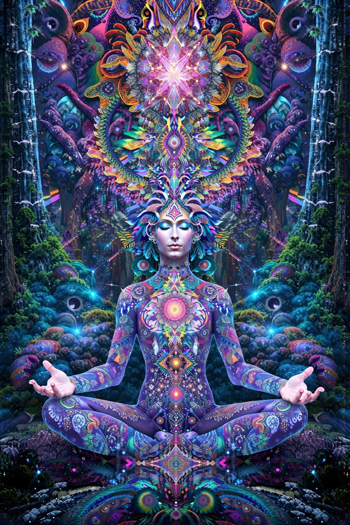 this person sits in a forest and transcends their ego mind and opens up to the spirit realm surrounding them. human in meditation, fractals, vivid color, "Visionary art is art that purports to transcend the physical world and portray a wider vision of awareness including spiritual or mystical themes, or is based in such experiences." , psychedelic visionary art ,animal spirits, ,spirits,spirit guides, , . Shamanic visions , ayahuasca visions . Spirit realm, metaphysical realm, esoteric,style, full body human,medium shot, perfect anatomy , psychedelic landscape surrounding the person , (masterpiece, best quality, ultra-detailed), (perfect hands, perfect anatomy), High detailed, detailed background, anatomically correct, beautiful face, detailed hands, perfect eyes, expressive eyes, score_9, score_8_up, score_7_up, best quality, masterpiece, 4k,visionary art,ULTIMATE LOGO MAKER [XL],bl4ckl1ghtxl