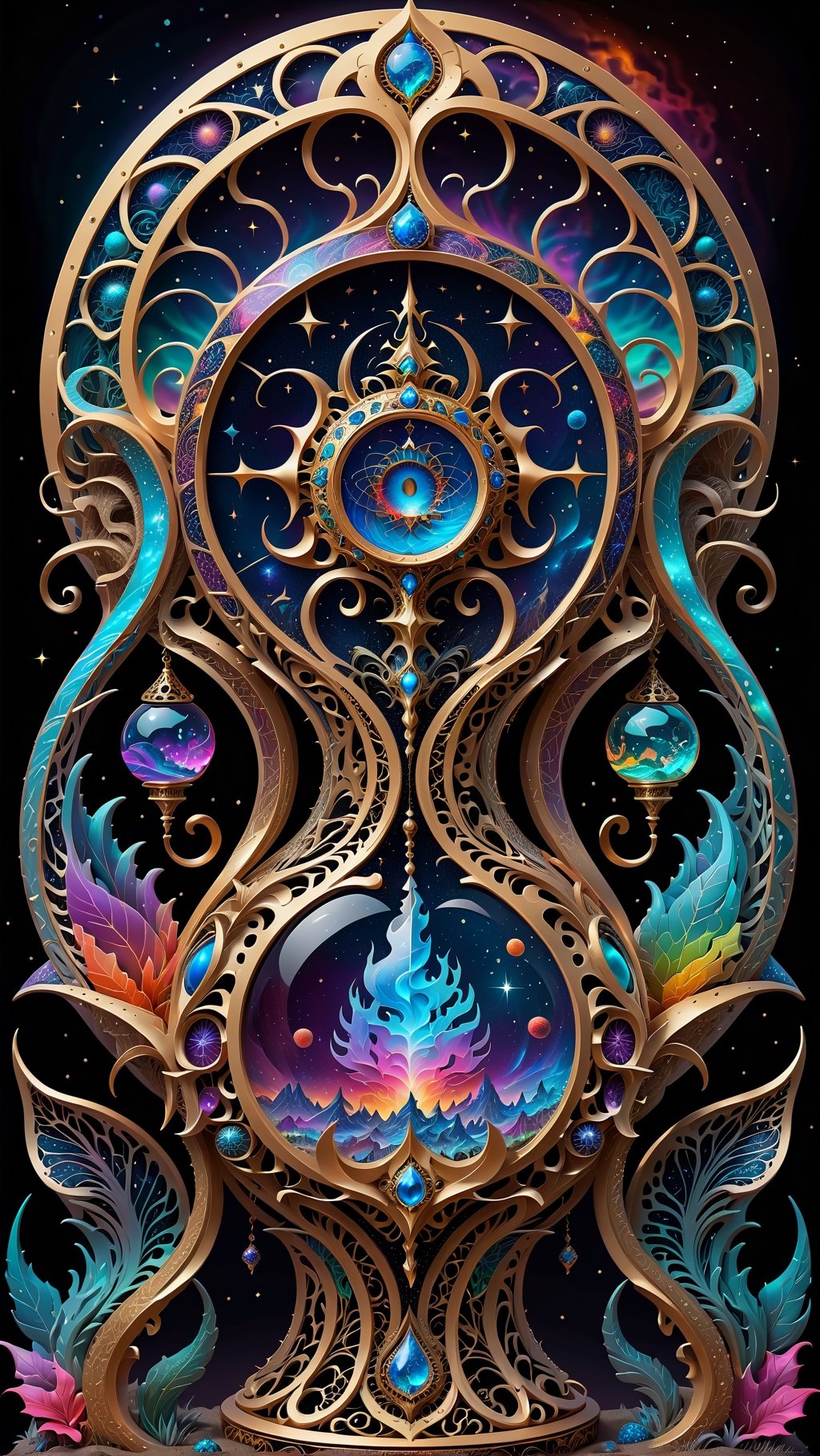 beautiful cosmic dragon that lives in skull of a god, chaos energy that forms a elegant hourglass and balanced scales,dragon , skulls,cosmic, nebulous soliloquy with psychatronic interface with god,transparent caustics,epic composition,universal energy, uv pastel colours, sacred geometry,, uv edges,neon, transparent background,elegant,  is centered with empty space as a boarder, high contrast, ultra detailed, not over complex, hour glass of the universe , scales to weigh souls , trippy, uv, neon. Hourglass of time and space with worlds that tells a story inside, uv highlights, ((psychedelic visionary art style))