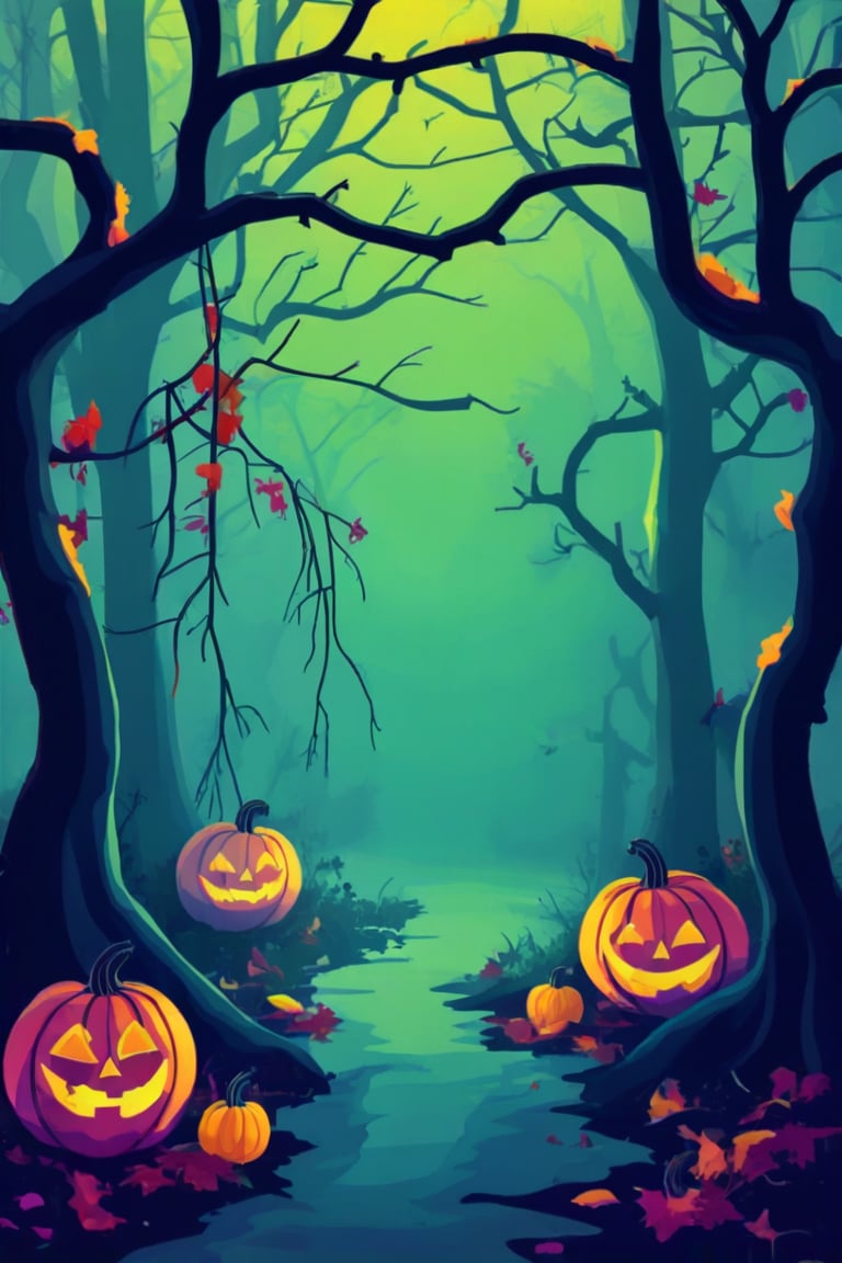 Flat art , 6 colors. Heavy line weight. Illustration scene  of a Halloween themed  environment. Simplistic.  Minimalistic.  Cute image. Sfw, pumpkins. Spider webs. Halloween  color palette. Vibrant color. (Spider webs between some of the trees )