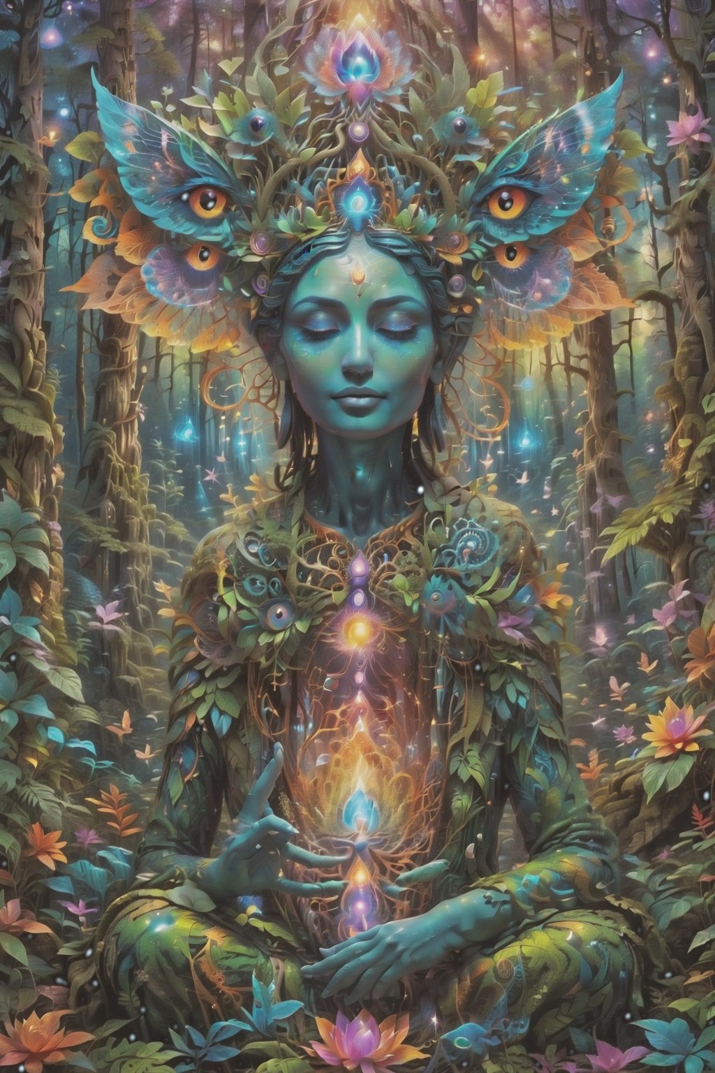 this person sits in a forest and transcends their ego mind and opens up to the spirit realm surrounding them. human in meditation, fractals, vivid color, 
"Visionary art is art that purports to transcend the physical world and portray a wider vision of awareness including spiritual or mystical themes, or is based in such experiences." , psychedelic visionary art ,animal spirits, ,spirits,spirit guides, , . Shamanic visions , ayahuasca visions . Spirit realm, metaphysical realm, esoteric,style, full body human,medium shot, perfect anatomy , psychedelic landscape surrounding the person , (masterpiece, best quality, ultra-detailed), (perfect hands, perfect anatomy), High detailed, detailed background, anatomically correct, beautiful face, detailed hands, perfect eyes, expressive eyes, score_9, score_8_up, score_7_up, best quality, masterpiece, 4k,visionary art,DonMSn0wM4g1cXL,ULTIMATE LOGO MAKER [XL],bl4ckl1ghtxl