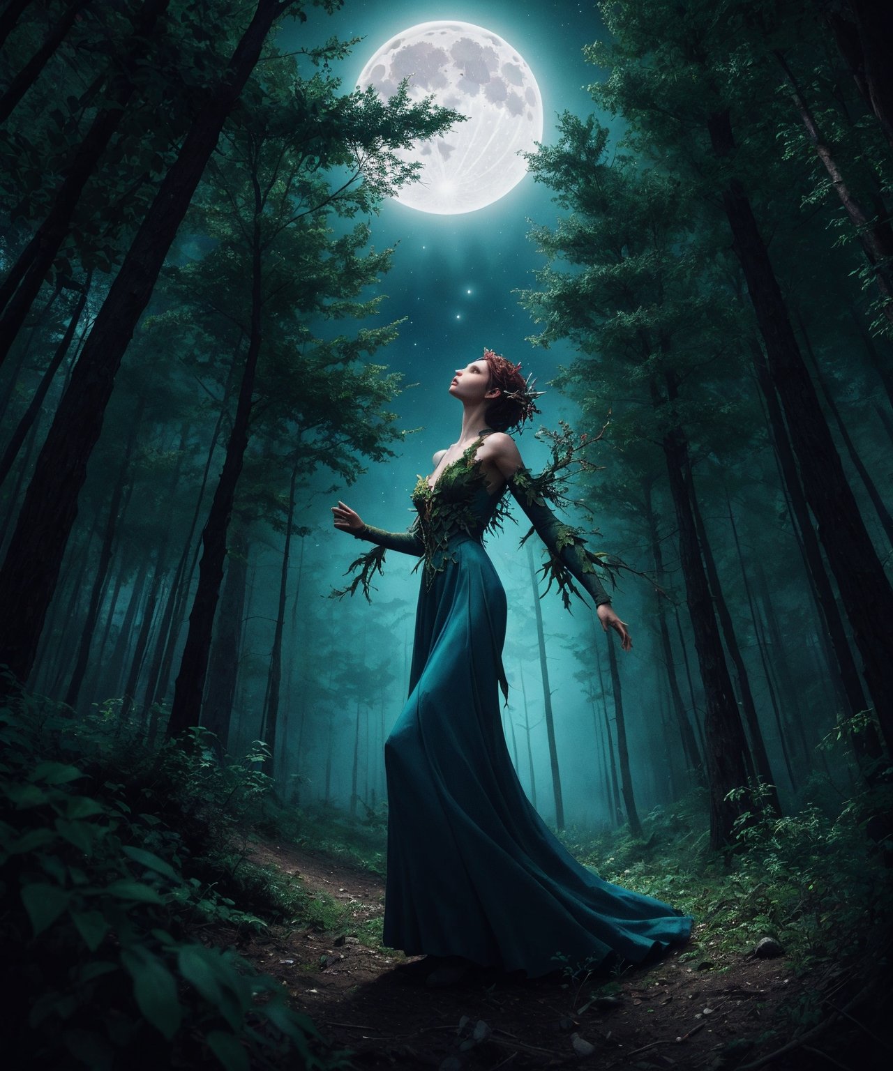 tree spirit female dryad  walking through a moonlit forest, low angle shot, looking up to the star filled sky, style of artgerm ,WLOP,sakimichan, Vitaly Morozov , android jones,Justin Totemical trending on Artstation