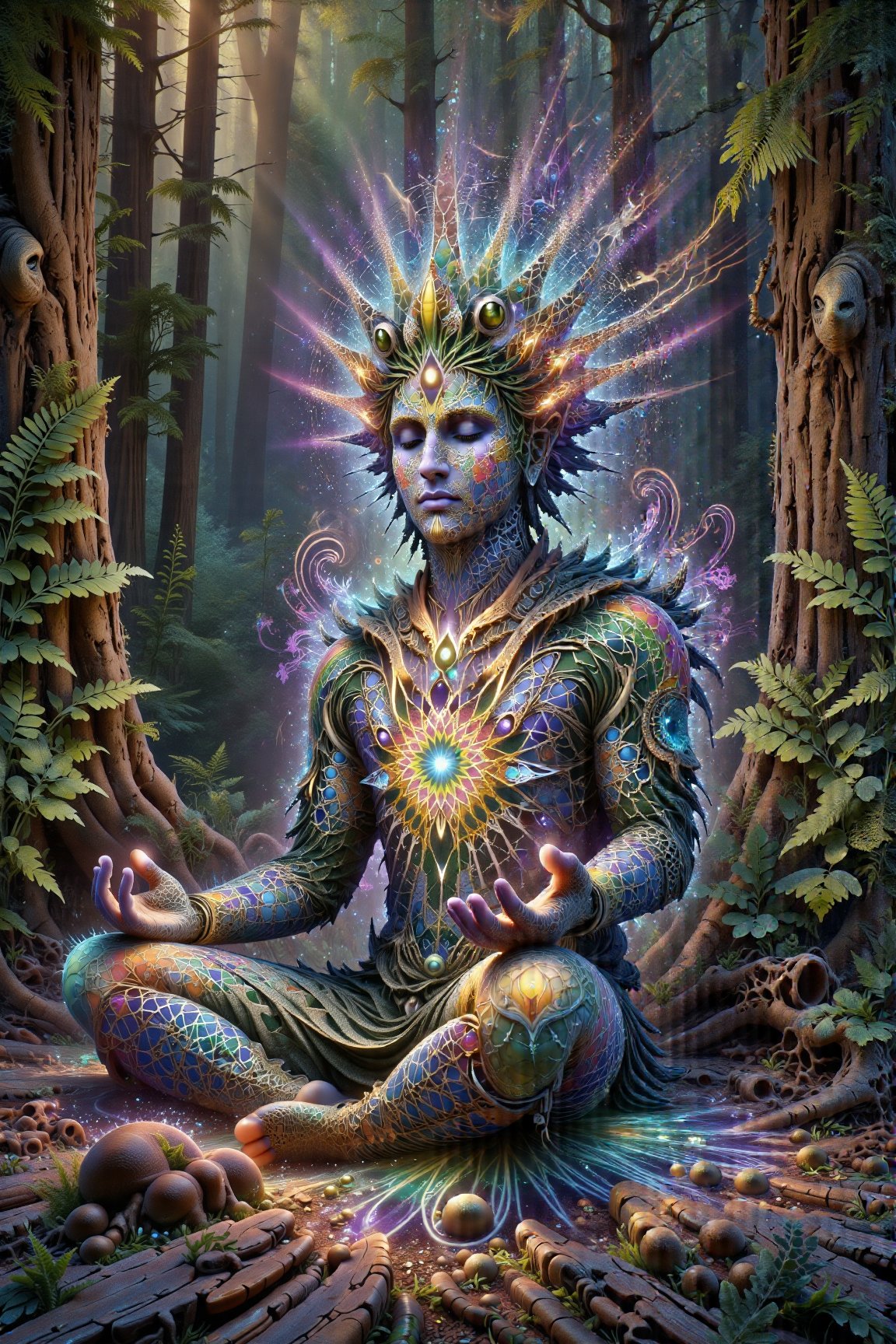 this person sits in a forest and transcends their ego mind and opens up to the spirit realm surrounding them. human in meditation, fractals, vivid color, "Visionary art is art that purports to transcend the physical world and portray a wider vision of awareness including spiritual or mystical themes, or is based in such experiences." , psychedelic visionary art ,animal spirits, ,spirits,spirit guides, , . Shamanic visions , ayahuasca visions . Spirit realm, metaphysical realm, esoteric,style, full body human,medium shot, perfect anatomy , psychedelic landscape surrounding the person , (masterpiece, best quality, ultra-detailed), (perfect hands, perfect anatomy), High detailed, detailed background, anatomically correct, beautiful face, detailed hands, perfect eyes, expressive eyes, score_9, score_8_up, score_7_up, best quality, masterpiece, 4k,visionary art,ULTIMATE LOGO MAKER [XL],bl4ckl1ghtxl, by Jonathan Solter and Fabian Jimenez,ElohProjects, simon haiduk