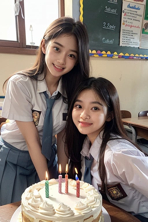 A group of girls celebrating a birthday in an classroom, laughing and posing with a cake,  a warm and happy atmosphere. Wearing Indonesin high school uniform, Photorealistic style,  with a soft, natural light,  warm color palette., Super fine detail, top quality, masterpiece, authentic texture, cinematic lighting realism, perfect work, 16K, HD, exquisite features, photorealistic, cewe-sma,