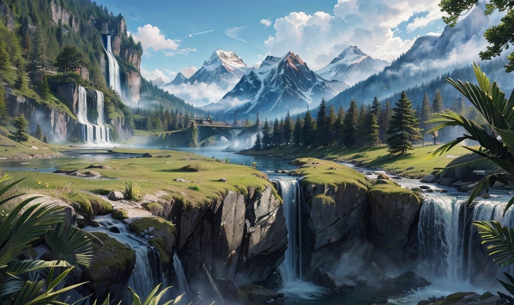 (masterpiece, best quality, highres, ultra detailed, detailed background:1.2),8K HD,pure background,Natural landscape,outdoor,Game Scene Mood Map, Unreal Engine, Toon Rendering,no humans,Distant view, forest, creek, distant mountains: majestic peaks, floating clouds, waterfalls and lakes,FFIXBG,