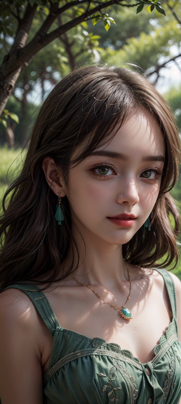 (best quality,4k,8k,highres,masterpiece:1.2),ultra-detailed,(realistic,photorealistic,photo-realistic),HDR,UHD,studio lighting,ultra-fine painting,sharp focus,physically-based rendering,extreme detail description,professional,vivid colors,bokeh,portrait,beautiful detailed eyes,beautiful detailed lips,extremely detailed eyes and face,long eyelashes,landscape,green tones,soft sunlight,summer breeze,magic hour,painting-like,ethereal,warm atmosphere,lush green grass field,girl with wavy hair,delicate earrings and necklaces,feminine costume and style,light smile,comfortable pose.,perfecteyes