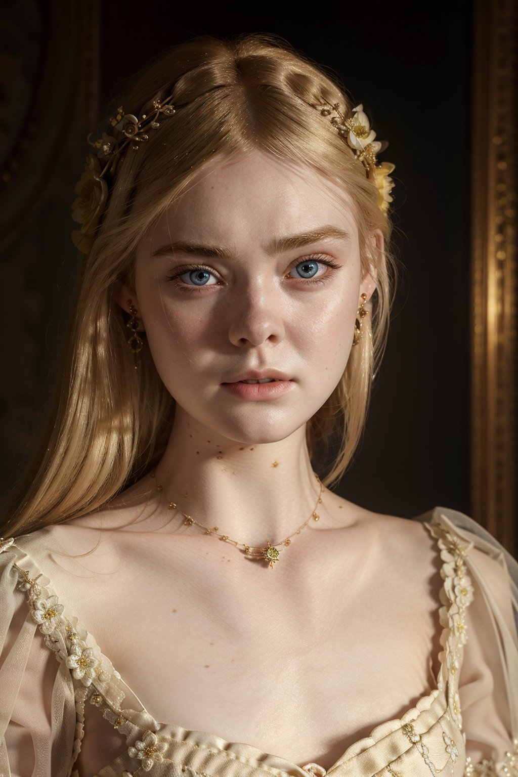 Best quality, masterpiece, ultra high res, (photorealistic:1.4),perfecteyes, raw photo, ellefanning-smf, yellow hair, stunning dress, earrings necklaces, flower_hair_ornament, ellefanning-smf,ellefanning-smf