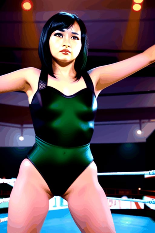 black hair, brown eyes, serious, leotard pads,,shoulders, solo, wrestling ring, stance,