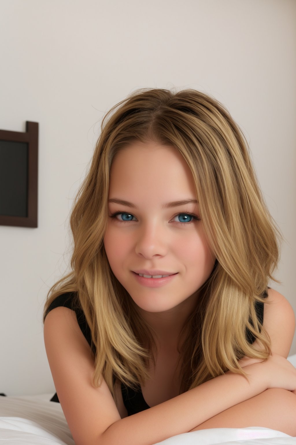 Blonde teen Jade Weber in her room, close portrait, cute face, bedroom, look, top, detailed face, blonde hair with highlights, side smile, detailed lips and eyes, mascara on bottom eyelashes