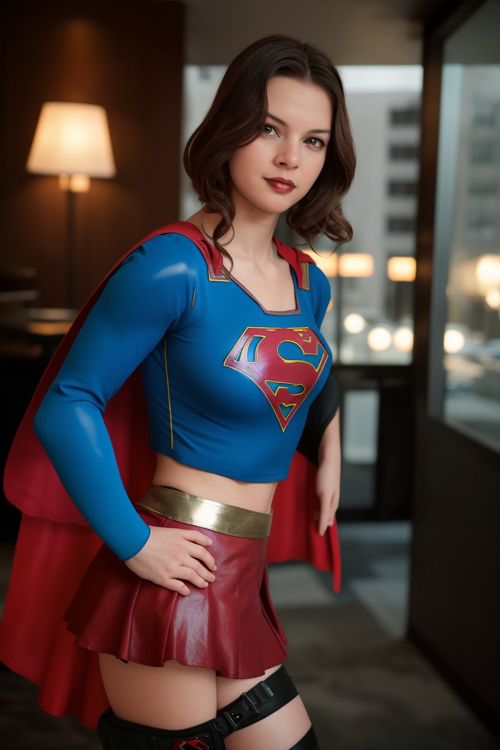  woman posing for a photo,(wearing supergirl_cosplay_outfit:1.3),crop_top,
good hand,4k, high-res, masterpiece, best quality, head:1.3,((Hasselblad photography)), finely detailed skin, sharp focus, (cinematic lighting), collarbone, night, soft lighting, dynamic angle, [:(detailed face:1.2):0.2],(((5 stars hotel))), outside,    