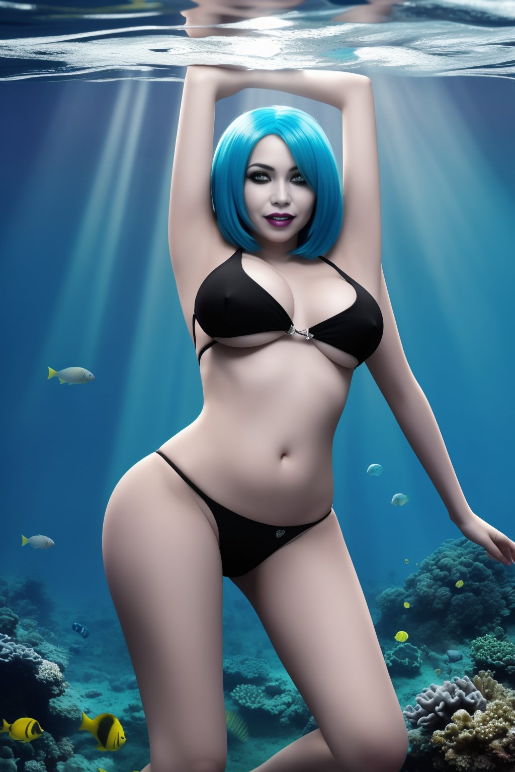 score_9, score_8_up, score_7_up, 1girl, underwater, (fish girl), blue hair,((white skin 1.8)),, ((blue scaled skin)) (hair over one eye), fins, (black sclera), cyan eyes, fangs, fins, smirking, sfw, tribal tattoos ), high angle, toned body, (front view:1.2) arm blades, slight muscles, strong legs, silver scaled bikini, ,gardevoir,  hair_over_one_eye