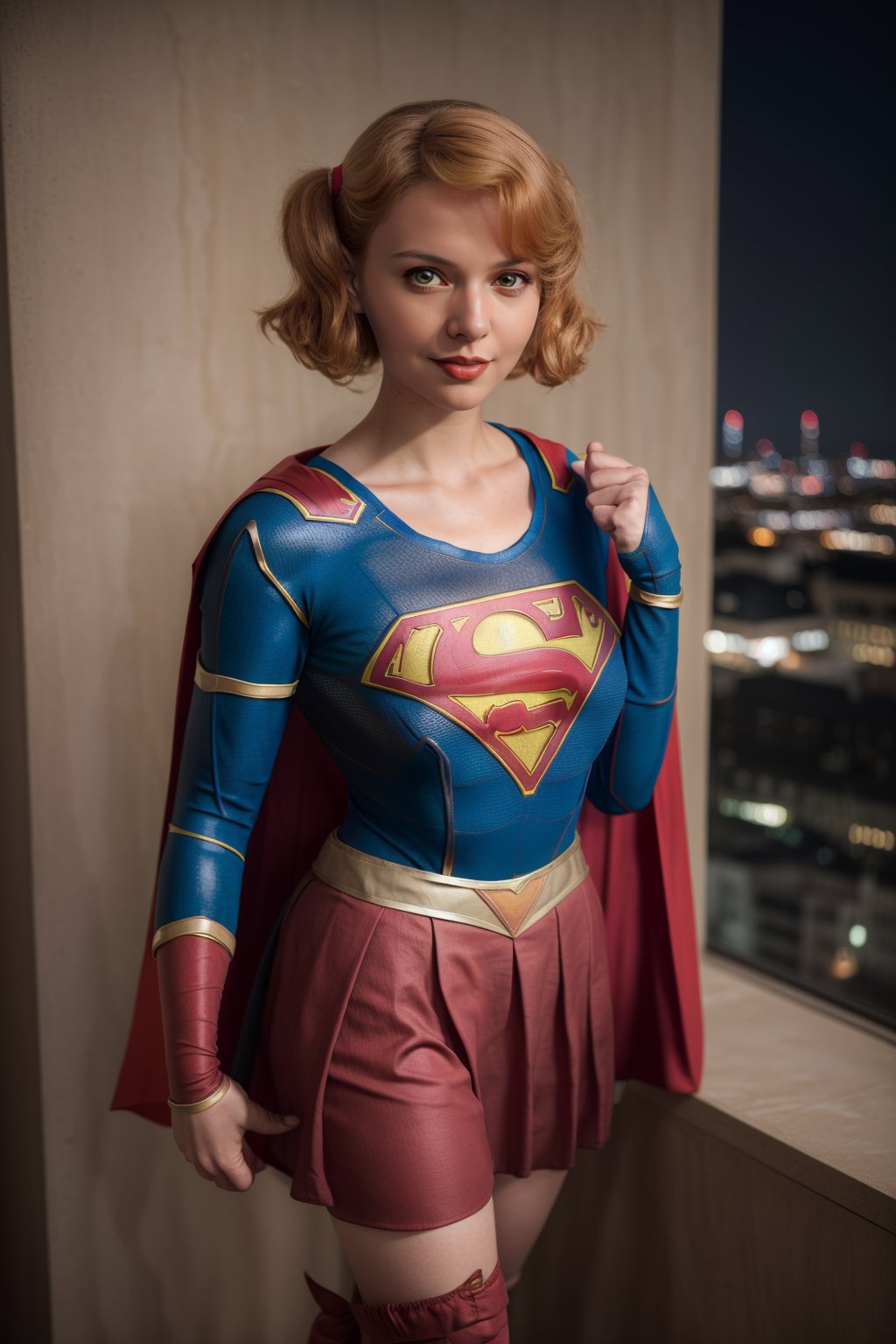  woman posing for a photo,(wearing supergirl_cosplay_outfit:1.3),crop_top,
good hand,4k, high-res, masterpiece, best quality, head:1.3,((Hasselblad photography)), finely detailed skin, sharp focus, (cinematic lighting), collarbone, night, soft lighting, dynamic angle, [:(detailed face:1.2):0.2],(((5 stars hotel))), outside,    