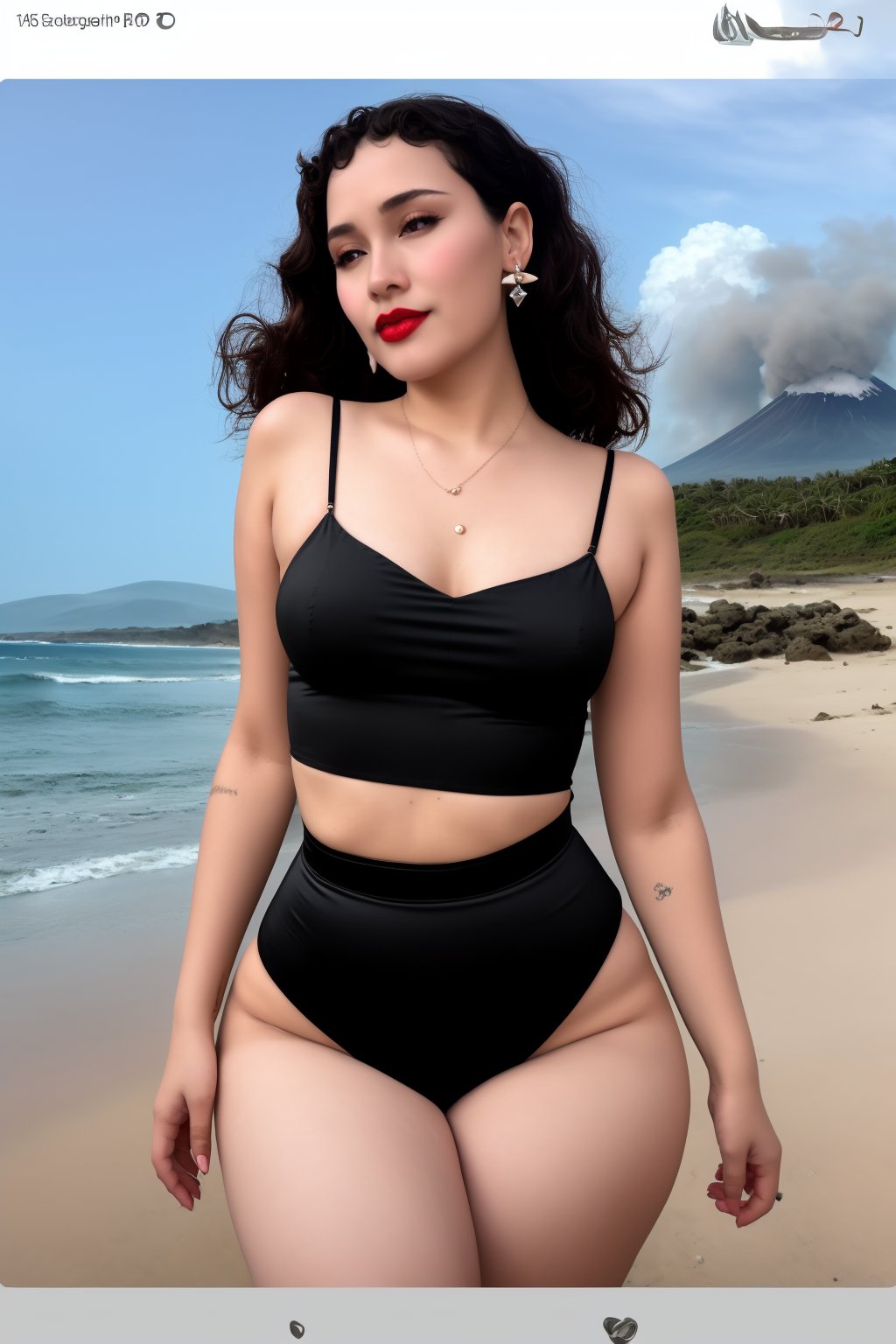 Jewelry, shiny, Lalique, Black Satin and Lace Cami and Short Set, Fit, Diamond-Shaped Face, Ebony Skin, Curved Nose, Bow-shaped Lips, Round Chin, Coral glossy lipstick, earrings, Wavy Hair Shoulder-Length Hair Curls, with a volcano in the background, serene beach with crashing waves, <