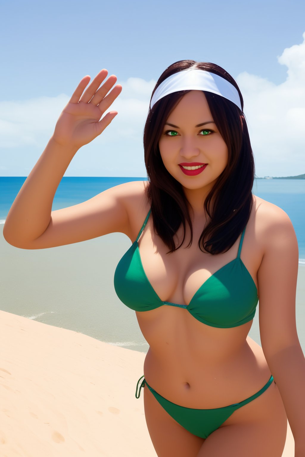 score_9,score_8_up,score_7_up,score_6_up,score_5_up,score_4_up BREAK
1girl, alyxvance, tan skin, black hair, multicolored hair, green eyes,headband, 
red bikini,
waving, smile, solo, looking at viewer, sea, sand, blue sky, tropical island background  